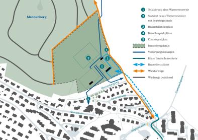 Grafik, Übersichtsplan Wanderwege Bauprojekt Wasserreservoir Mannenberg