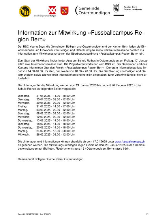 Information Mitwirkung Fussballcampus Region Bern