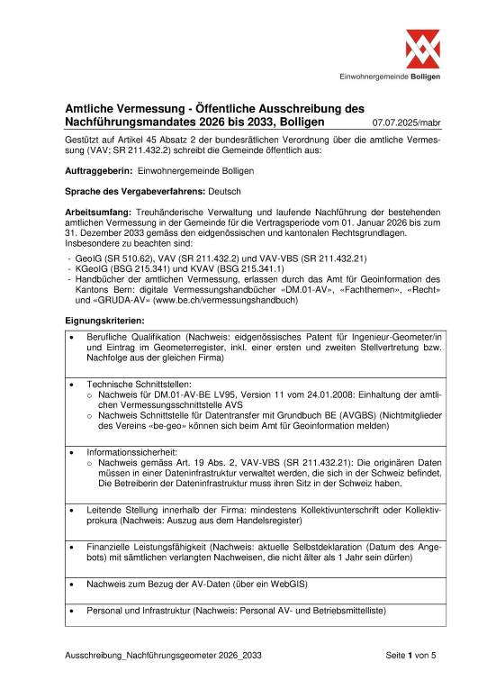 Ausschreibung Nachführungsgeometer 2026 - 2033