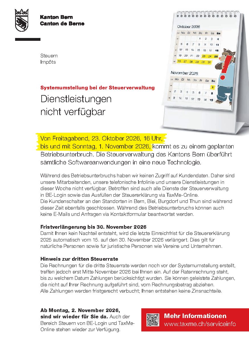 Flyer Systemumstellung bei der Steuerverwaltung des Kantons Bern