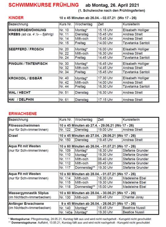 Programm Schwimmkurse Frühling 2021