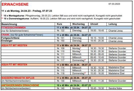 Programm Winter 2023 - Schwimmkurse Erwachsene