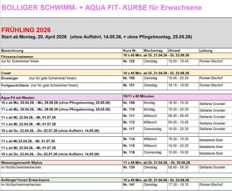 Programm Schwimmkurse Erwachsene Frühling 26